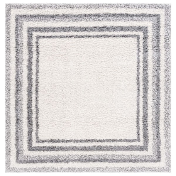 SAFAVIEH Border and Stripe Shag 7 ft. x 7 ft. Ivory/Gray Concentric Border square Area Rug