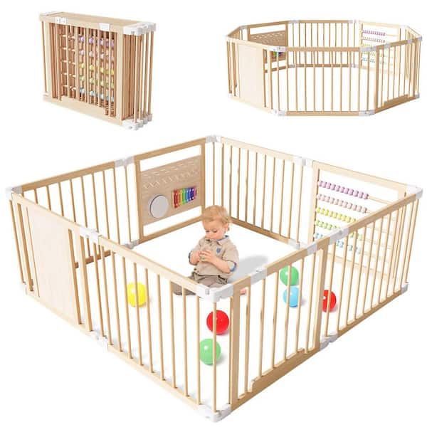 Foldable Wooden Baby Playpen Activity Center Adjustable Size and Shape Portable Large Playard Baby Fence Play Area
