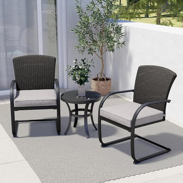 Yangming Dark Brown 3-Piece Wicker Round Table Patio Outdoor Dining Bistro Set with Gray Cushion for Balcony, Backyard