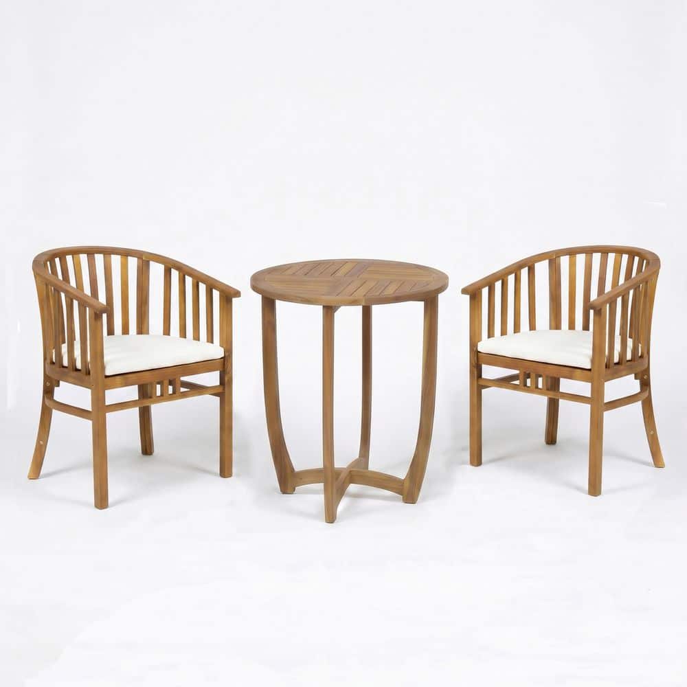 Harlix 3-Piece Teak Finish Acacia Wood Patio Outdoor Dining Set with Round Table and Cream Cushions price history on PriceWatchPro