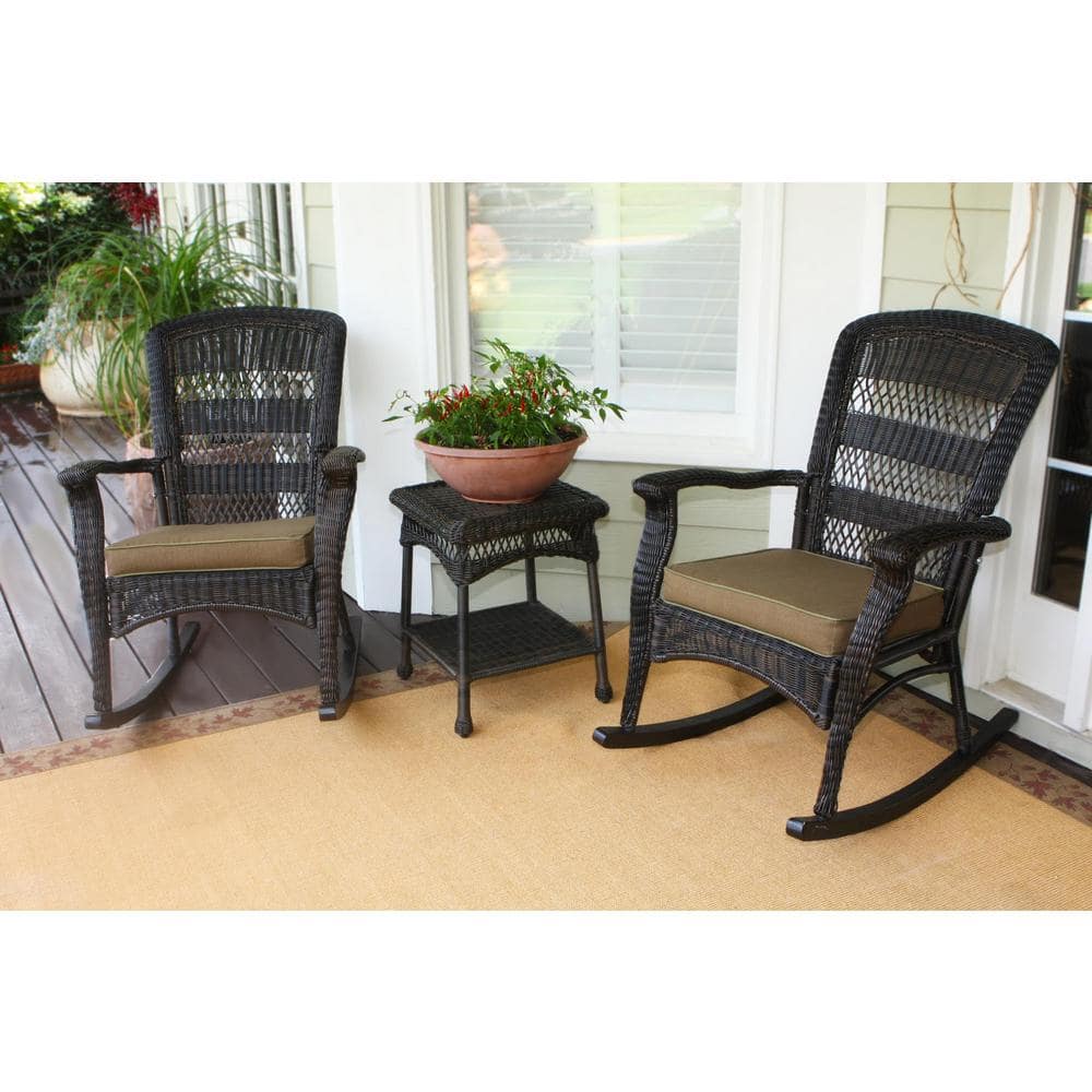 Portside Plantation 3-Piece Dark Roast Wicker Outdoor Rocking Chair Set wit