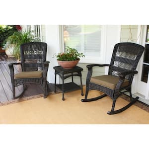 Portside Plantation 3-Piece Dark Roast Wicker Outdoor Rocking Chair Set with Patio Side Table and Plush Tan Cushion