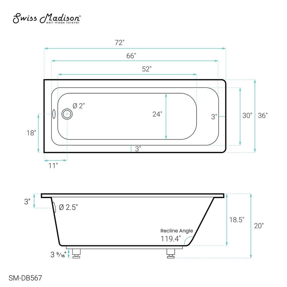 Voltaire 36" White Acrylic Drop-In Bathtub