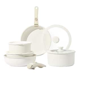 11-Pieces Cream White Granite Induction Non-Stick Cookware Set with Removable Handle