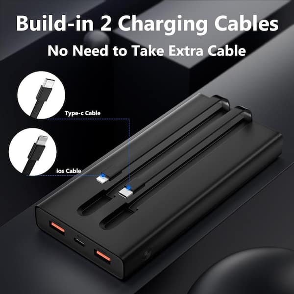 Etokfoks 13000mAh Portable Charger Power Bank with 2 Built in Cables (usb-c and iOS) and LED Display in Black - (1-Pack)