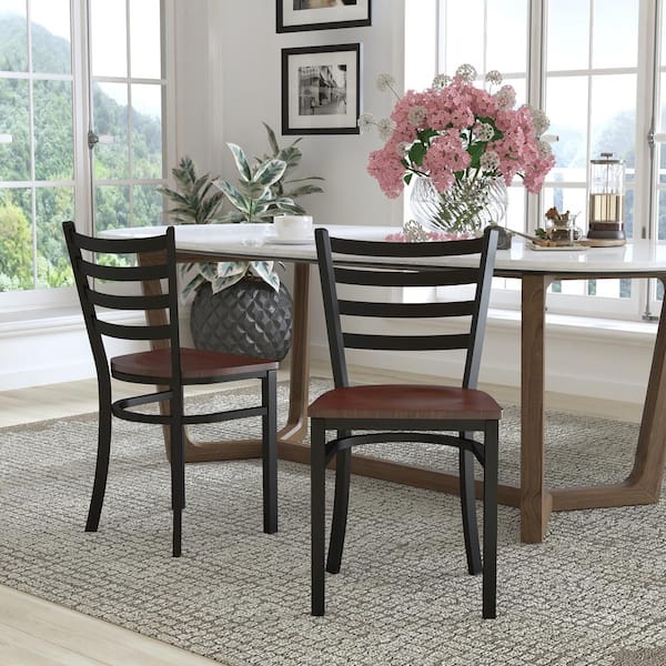 Mahogany Wood Seat/Black Metal Frame Restaurant Chairs (Set of 2)