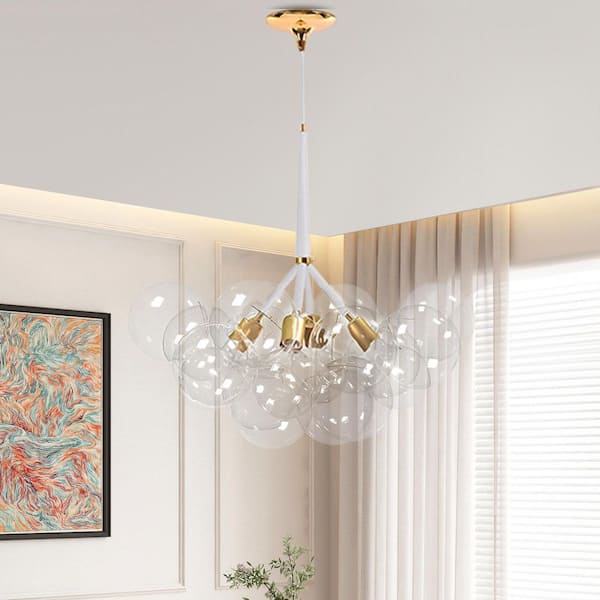 Alma 4-Light 22.8 in.W Gold Bubble Chandelier with White Leather, 12 Clear Light Glass Globes and LED Bulbs Included