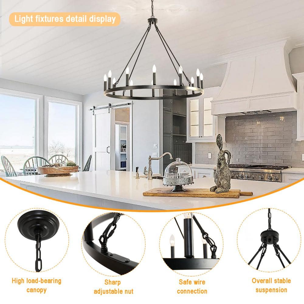 Black Metal 12-Light Outdoor Wagon Wheel Chandelier