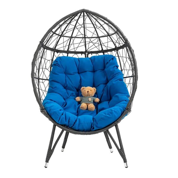 Anvil Wicker Patio Egg Chair Outdoor Lounge Chair for Garden, Balcony with Blue Cushion