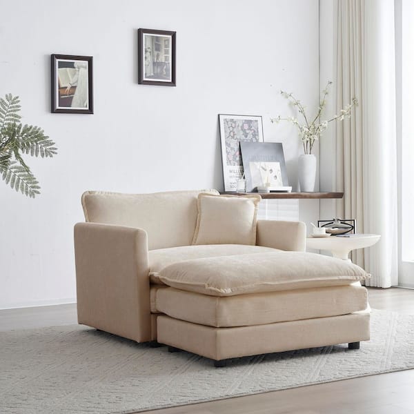 41.4 in Wide Straight Arm Chenille Modern Rectangle Reclining Sofa with Ottoman and Pillow in Beige