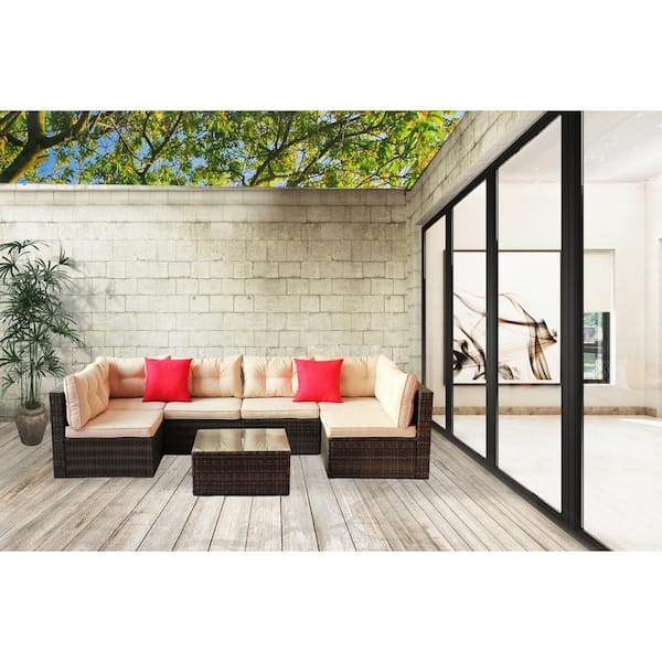 7-Piece Dark Brown Wicker Patio Conversation Set with Brown Cushions