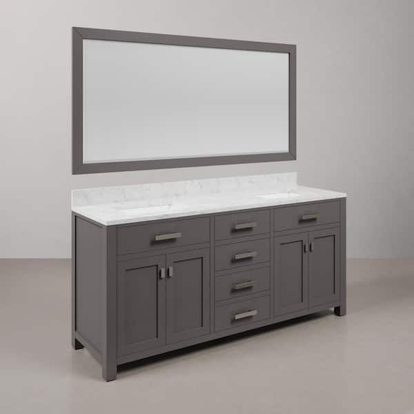 Madison 72 in.W x 21.5 in.D x 34 in.H Double Sink Bath Vanity in Cashmere Grey with Carrara White Marble Top and Mirror