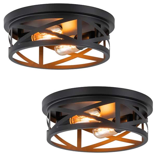11 in. 2-Light Industrial Black Round Cage Flush Mount Ceiling Light with Turnable Light Cap, No Bulbs Included (2-Pack)