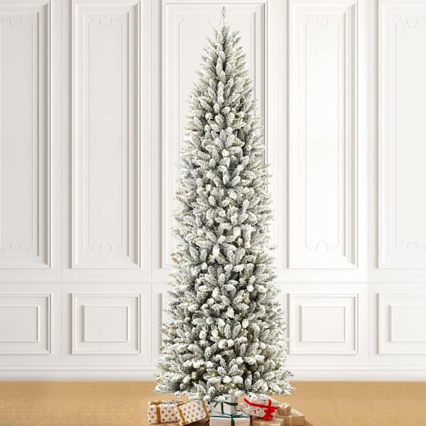 Glitzhome 9 ft. Pre-Lit Flocked Pencil Fir Artificial