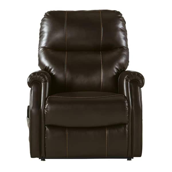 Benjara Brown Leatherette Metal Power Lift Recliner with Tufted Back