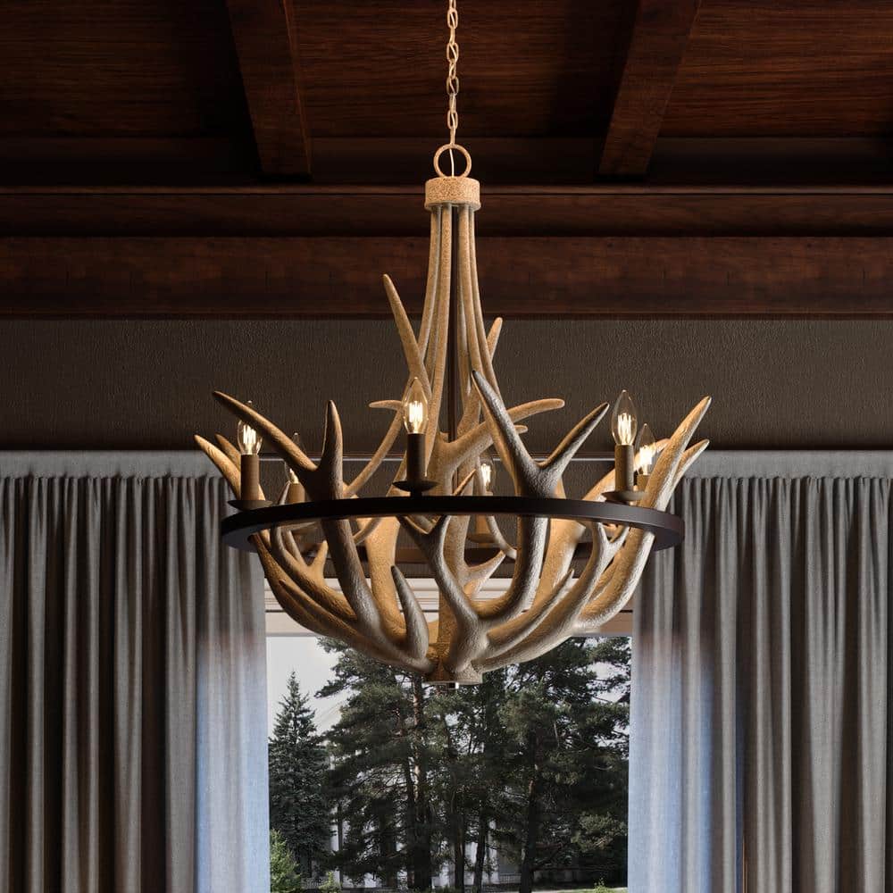 Rustic Antler-Inspired Black Steel 6-Light Chandelier