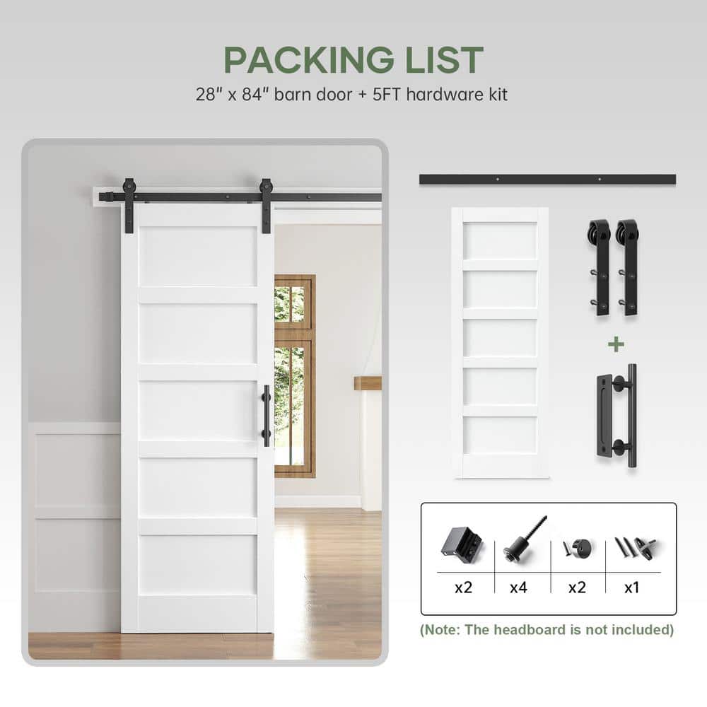 28x84 Inch White 5-Panel MDF Barn Door with Hardware Kit