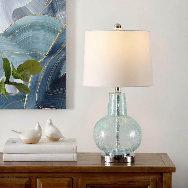Atlas 24 in. Blue Crackle Table Lamp with Light Gray Shade
