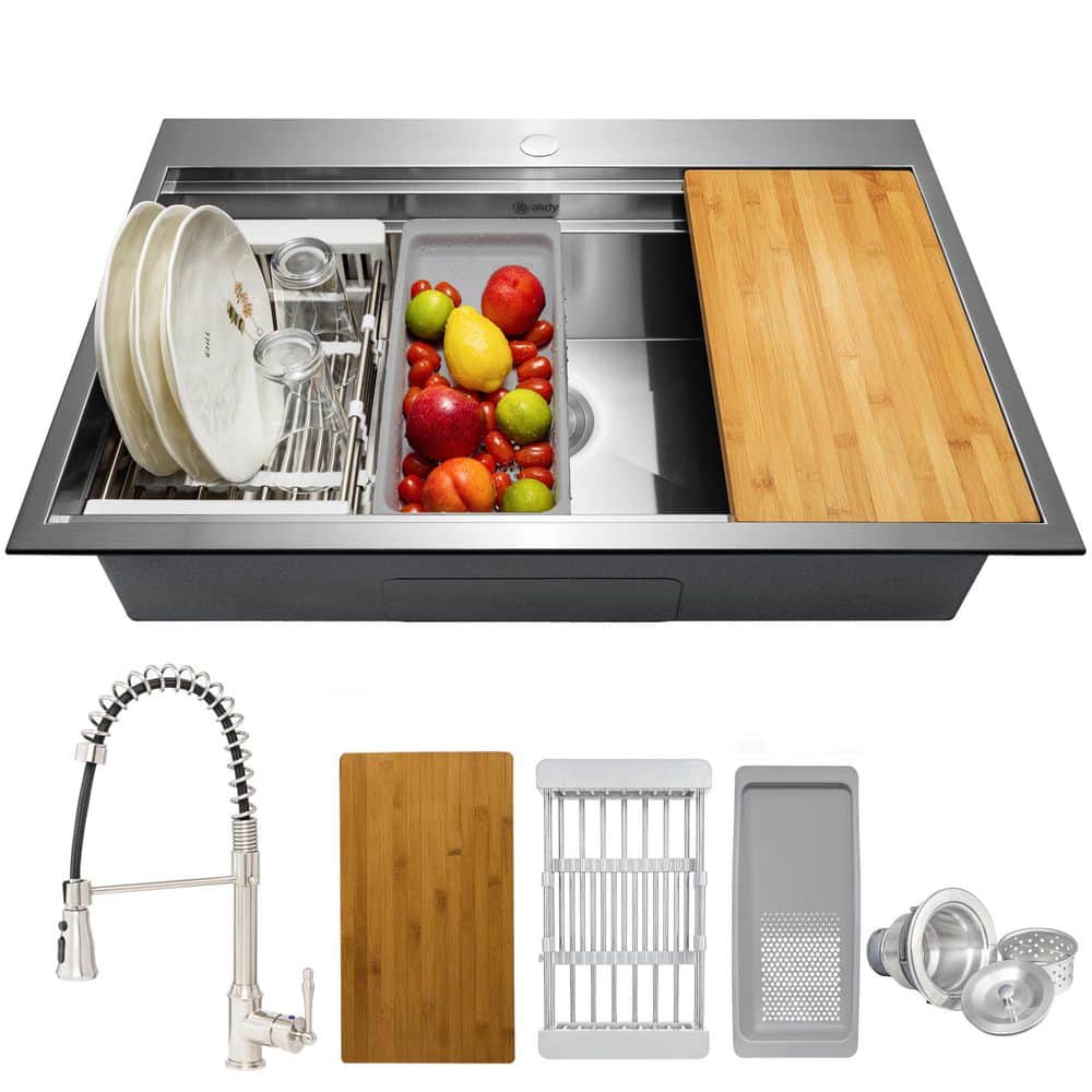 AKDY Handmade All-in-One Topmount Stainless Steel 33 in. x 22 in. Single Bowl Kitchen Sink w/ Spring Neck Faucet, Accessory KS0365