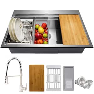 Handmade All-in-One Top mount Stainless Steel 33 in. x 22 in. Single Bowl Kitchen Sink w/ Spring Neck Faucet, Accessory