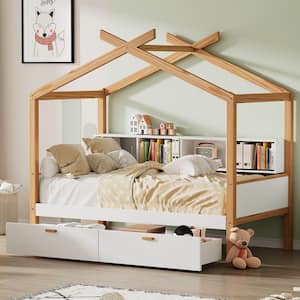 White Twin Size House Bed Wood Colored Frame Platform Bed with 2-Drawers and Bookshelf Storage Space