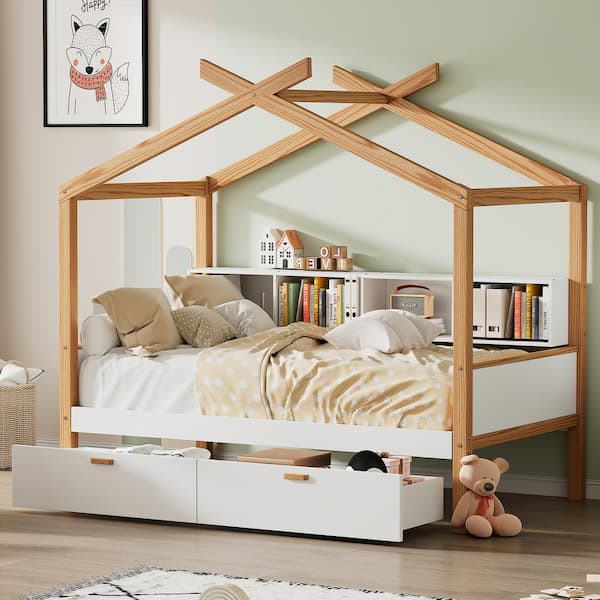 Harper & Bright Designs White Twin Size House Bed Wood Colored Frame ...