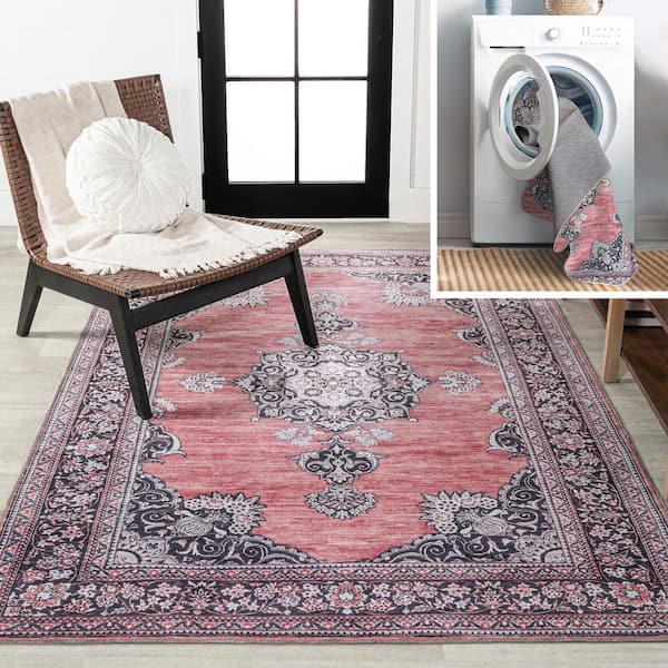 Bausch Bohemian Distressed Chenille Machine-Washable Dark Pink/Black/White 5 ft. x 8 ft. Area Rug