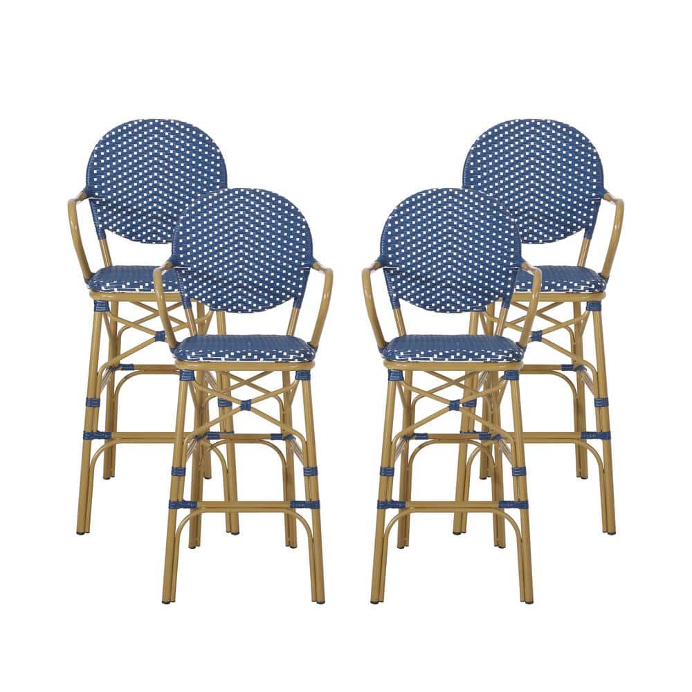 Noble House Ladieu Aluminum and Wicker Outdoor Bar Stool Navy Blue and