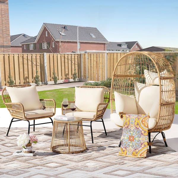 FINCATI Boho 4 Piece Beige Wicker Patio Outdoor Oversized Bistro Chair Set with Glass Table and Egg Chair with Beige Cushions