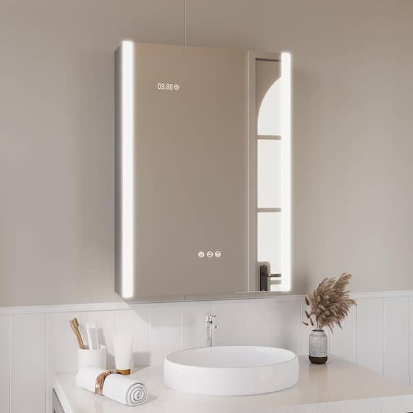 20 in. W x 28 in. H Rectangular Silver Aluminum Surface Mount Left LED Dimmable Anti-Fog Medicine Cabinet with Mirror