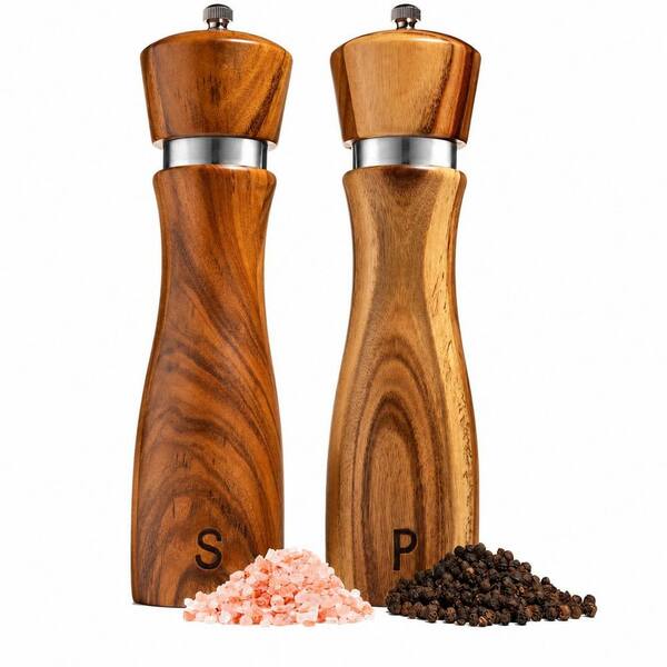 Solid Acacia Wood Salt and Pepper Grinder Set with Adjustable Ceramic and Stainless Steel Core, 8 In