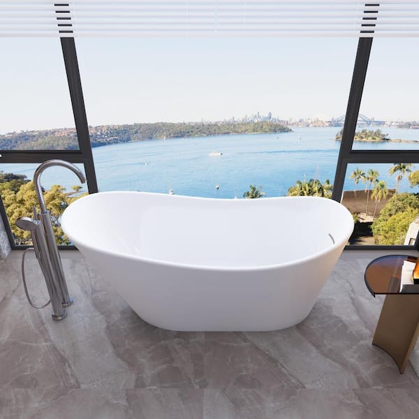 WELLFOR Kaya 67 in. x 31.5 in. Pure Virgin Acrylic Freestanding Soaking Bathtub with Chrome Drain in Glossy White