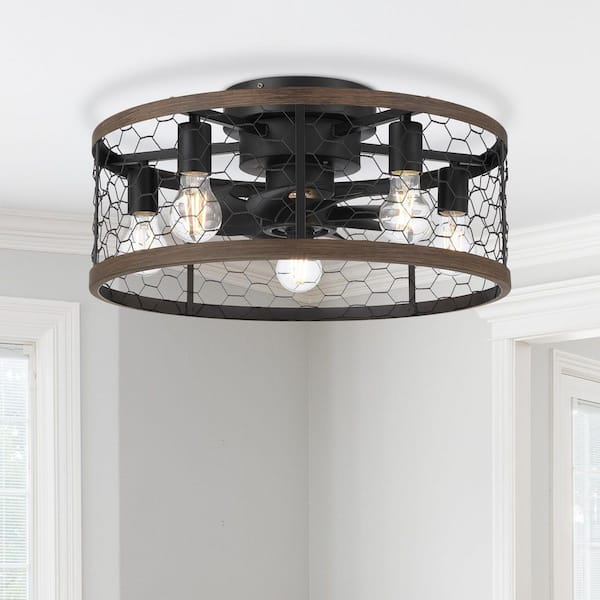 Chickora 20 in. 5-Light Indoor Matte Black with Chestnut Wood Accent Fandelier with Remote Control, Bulbs Not Included