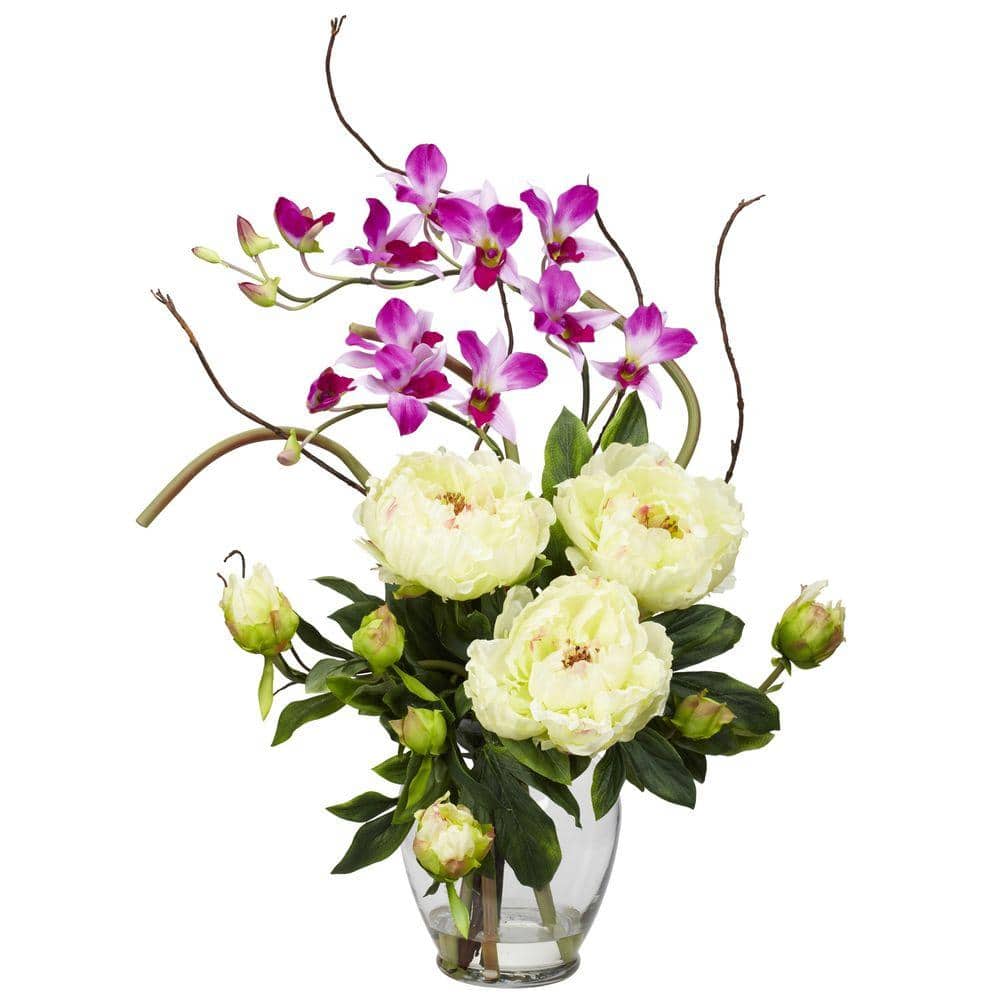Nearly Natural 21.5 in. Artificial H White Peony and Orchid Silk Flower Arrangement This exquisite Peony and Dendrobium arrangement projects a perfect harmony of color and design. The bright, tasteful, and colorful weaving of different textures and flower types creates a splendor that's simply not found in a single species. Standing at over 21 in. high and set in a glass vase with liquid illusion faux water, this makes the perfect addition to any home or office, and also makes a great gift.