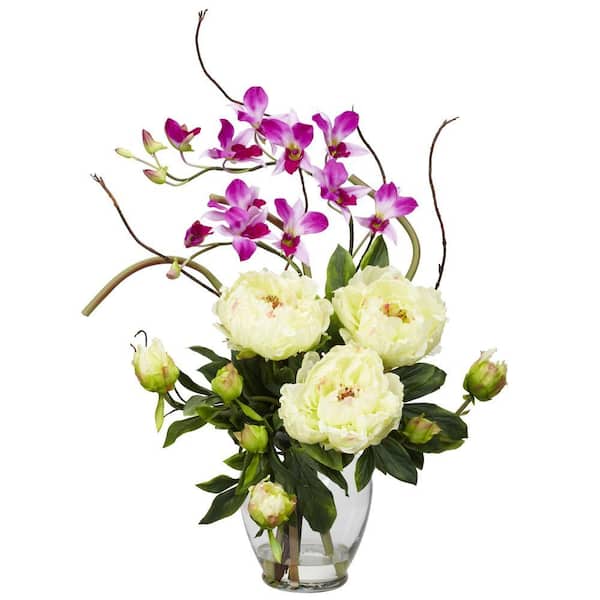 Nearly Natural 21.5 in. Artificial H White Peony and Orchid Silk Flower Arrangement