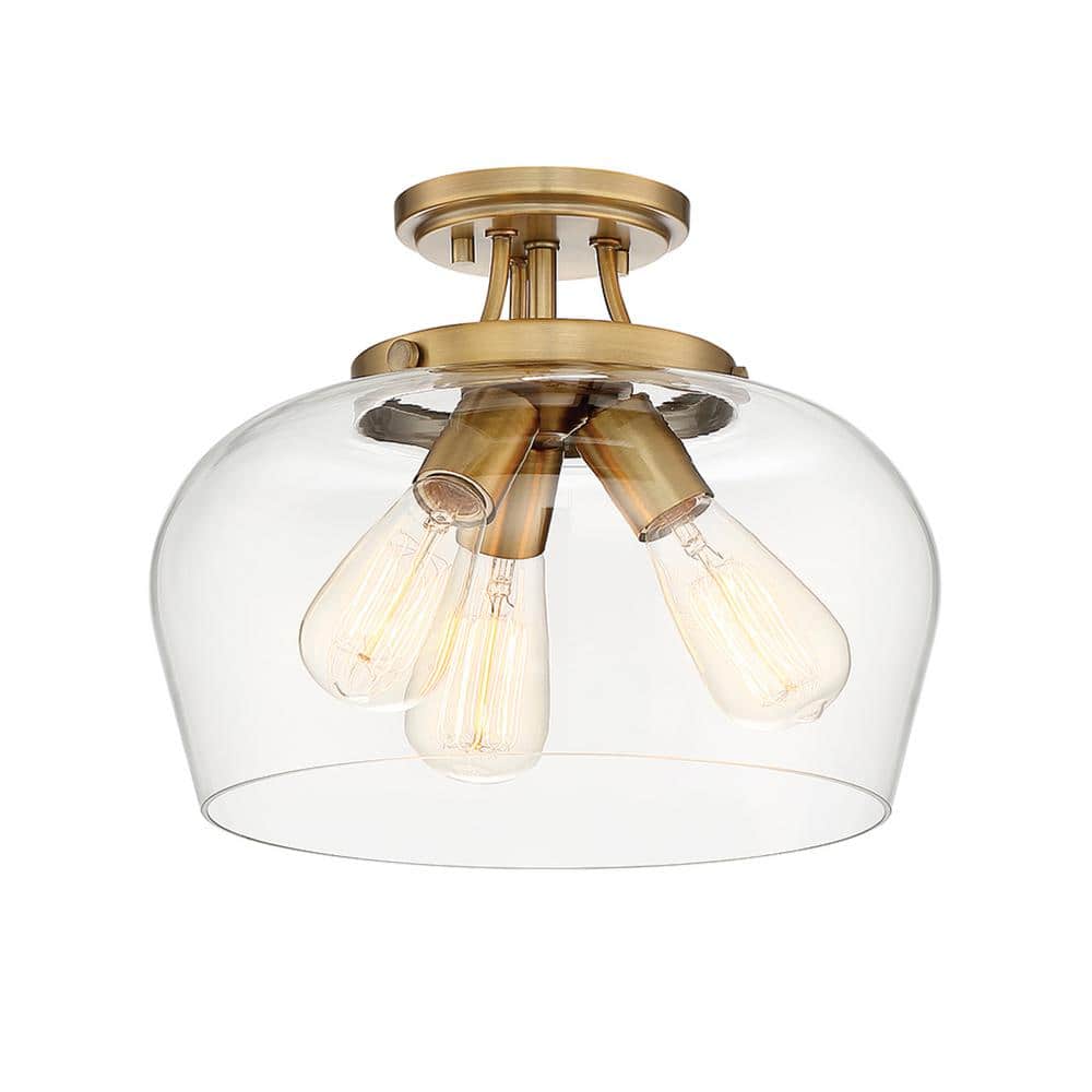 Elegant Warm Brass 3-Light Semi-Flush Mount with Curved Glass Shade