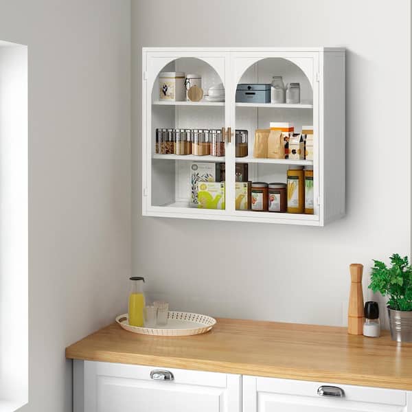 Hooseng 9.06 in. W x 23.62 in. H Rectangular White MDF Surface Mount Medicine Cabinet without Mirror with Glass Doors