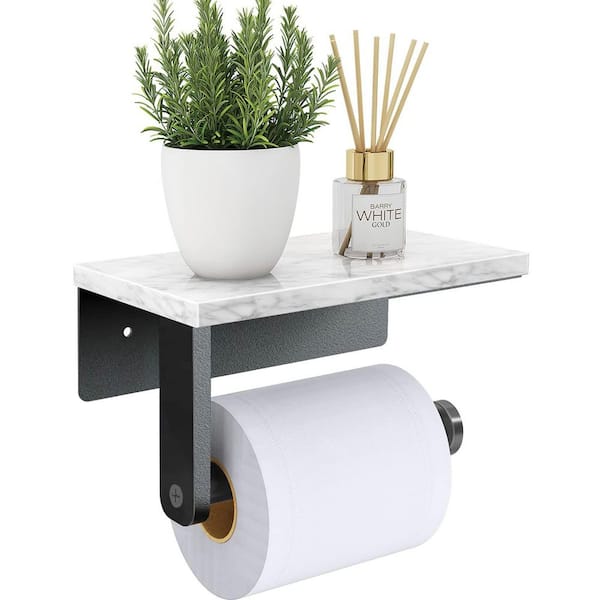 Wall Mounted Toilet Paper Holder in Matte Black with Natural Marble Shelf and Stainless Steel Screws for Bathroom