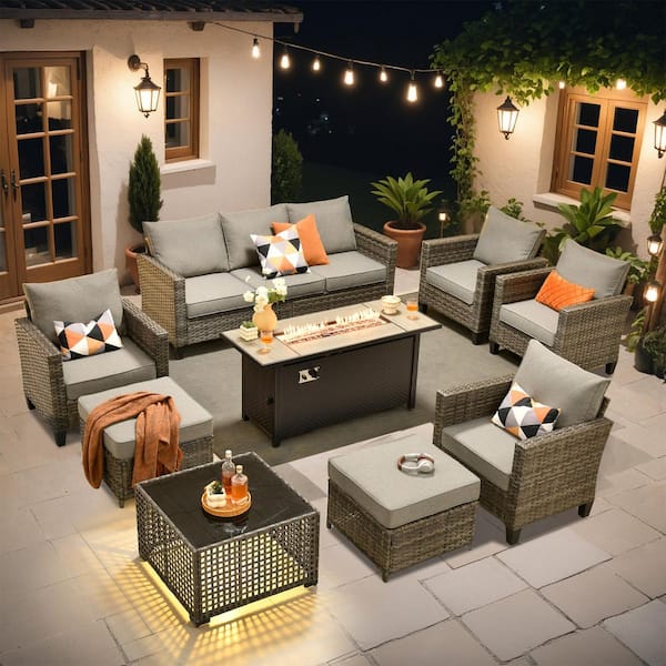 Nvelyn Gray 9-Piece Wicker Patio Rectangle Fire Pit Conversation Set with Dark Gray Cushions and Coffee Table