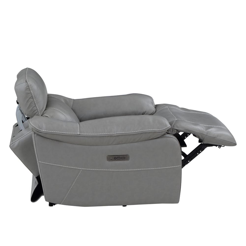 Gray Leather Power Recliner with Wood Accents