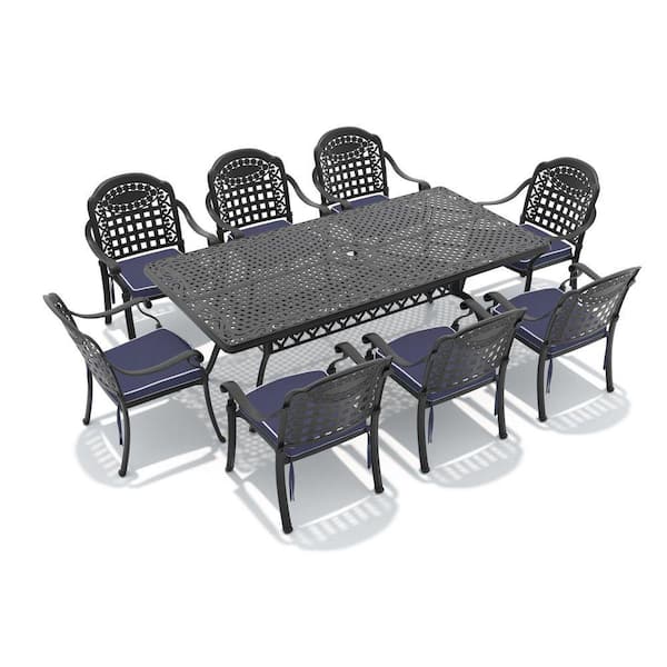 9-Piece Aluminum Patio Outdoor Dining Set with 8 Chairs, Rectangular Table, Umbrella Hole and Blue Cushions
