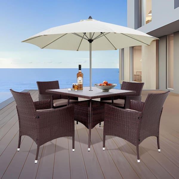 Unbranded 5-Piece Brown Wicker Outdoor Dining Set with Khaki Cushions and 1.97 in. Umbrella Hole