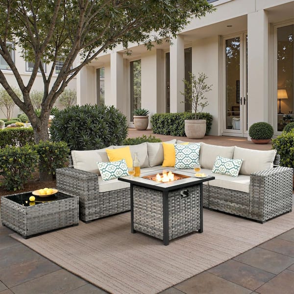 Caodoc Lanora Gray 7-Piece PE Rattan Wicker OutdoorPatio Conversation Set with Beige Cushion and Fire Pit Table for Garden