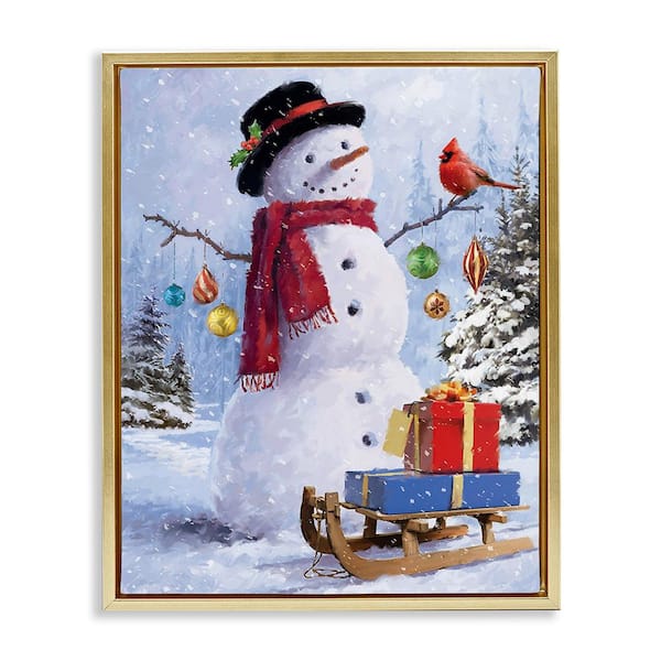 Stupell Industries Snowman with Gift Sled by Jason Kirk 1-Piece Floater Frame Graphic Print Nature Poster Art Print 31 in. x 25 in.