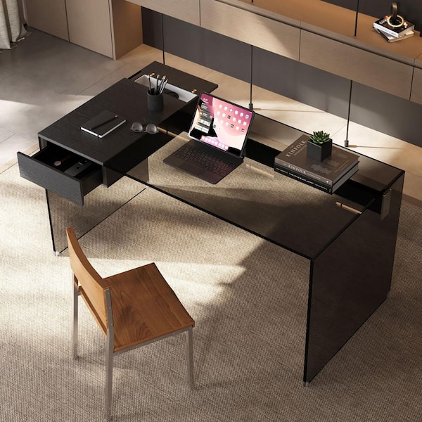 Modern Black Tempered Glass Writing Desk with Hidden Drawer