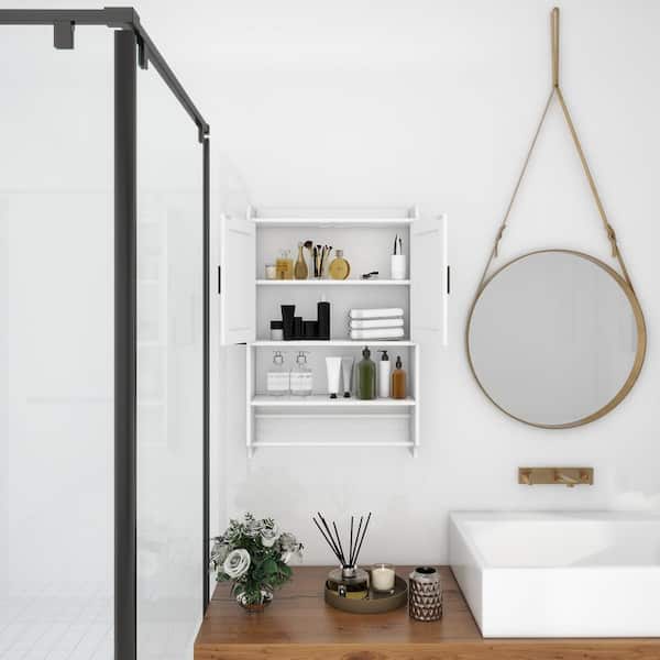 Hooseng 7.48 in. W x32.48 in. H Rectangular White Surface Mount Medicine Cabinet without Mirror with Towel Bar and Paper Holder