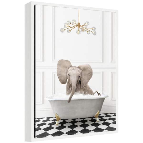 Sylvie "Elephant in Gray Bathtub on Checker Floor" by Amy Peterson Animals Framed Art Print 24 in. x 18 in.