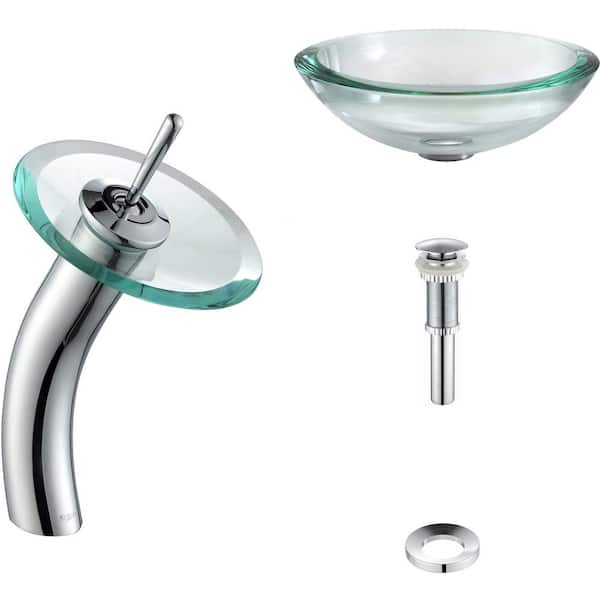 KRAUS 34 mm Edge Glass Vessel Sink in Clear with Waterfall Faucet in Chrome