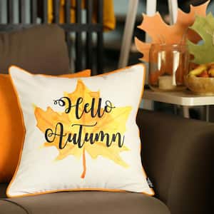 White and Orange Decorative Fall Thanksgiving Single Hello Autumn 18 in. x 18 in. Square Throw Pillow Cover