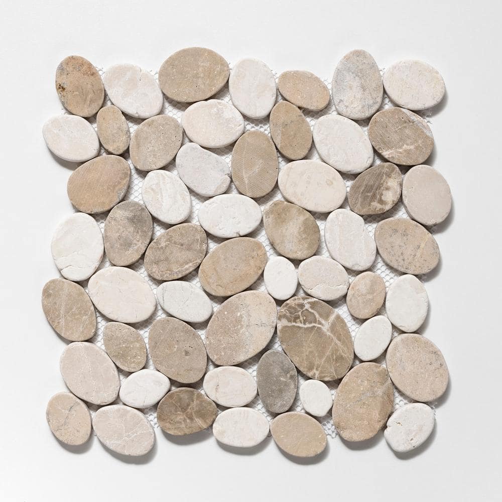 Tan and White Tumbled Marble Pebble Mosaic Tile